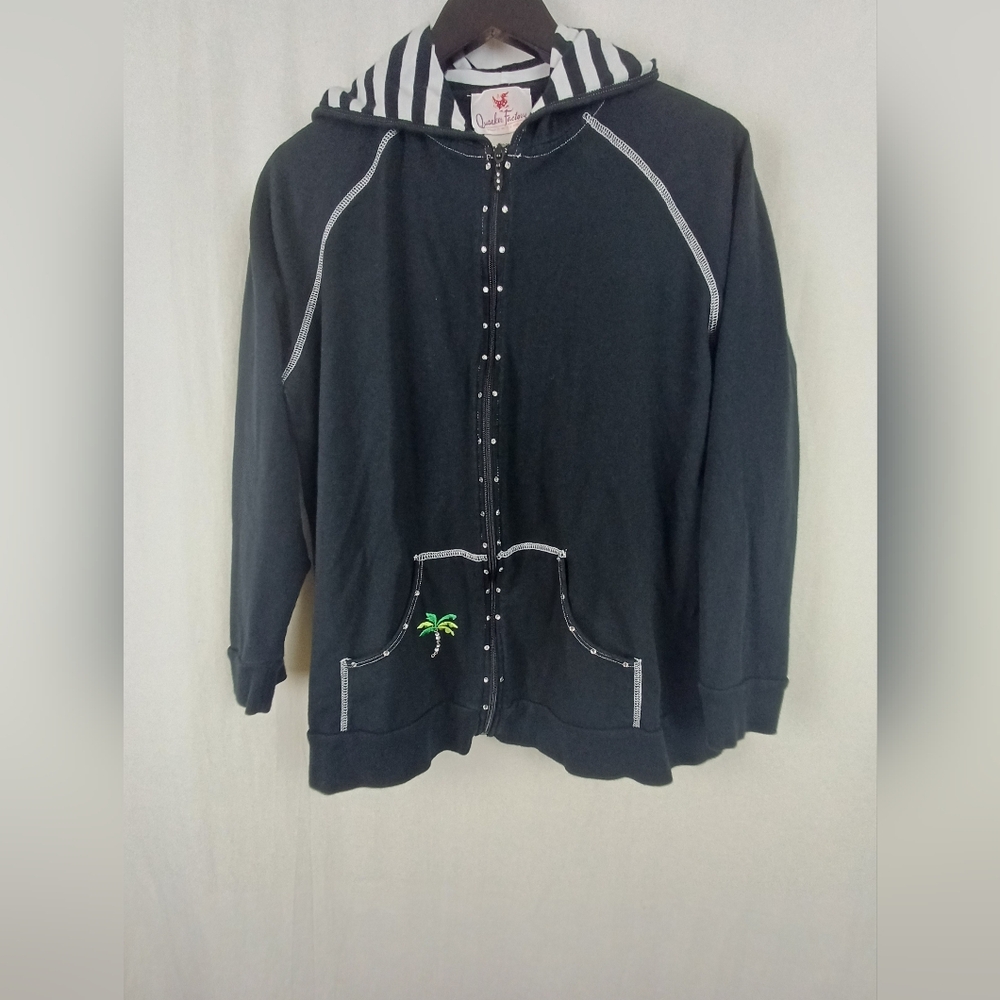 Quacker Factory Jacket Palm Tree Embroidery Stones Hooded Black Large A10239